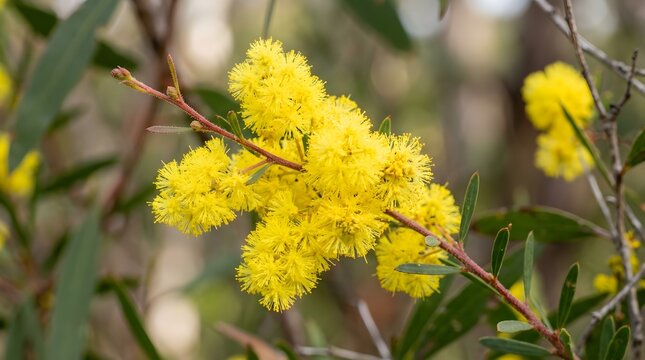 Bright yellow wattle flowers on a branch, golden acacia blossoms in spring nature, perfect for wattle day