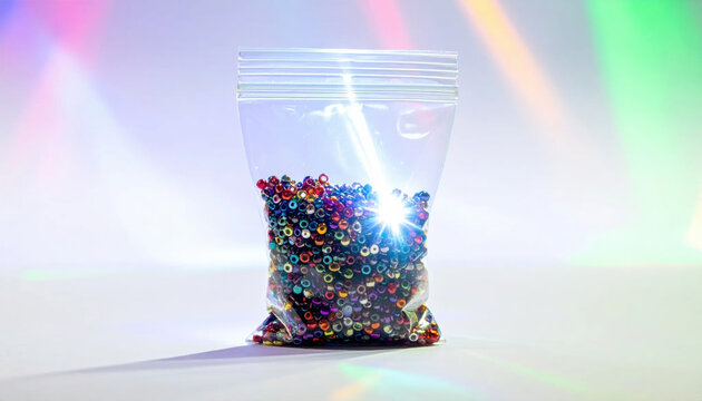 A clear plastic bag filled with vibrant colorful shiny beads and sequins illuminated by bright light.
