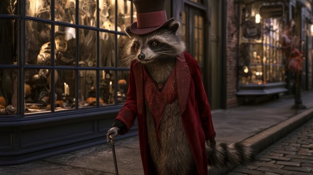 Victorian Raccoon Magician Strolling Through Halloween Street