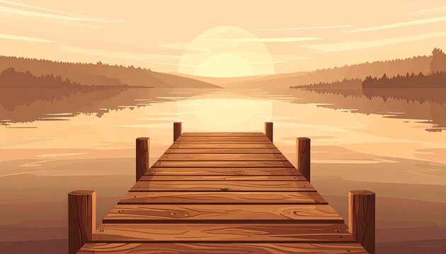 Wooden dock extending into calm lake at sunrise.