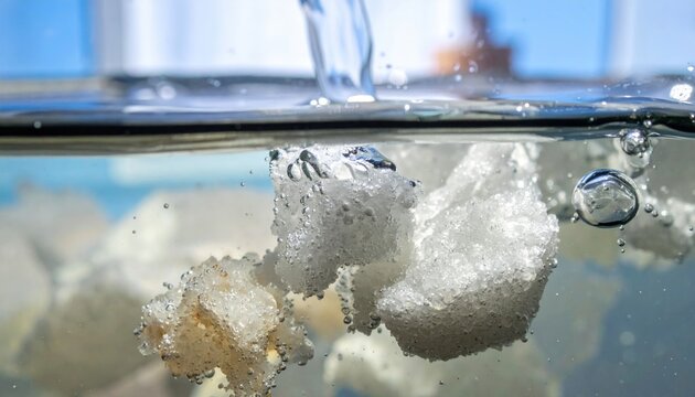 Crystals of sugar and salt dissolving in clear water, creating a bubbly effervescence