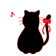 A sweet black cat wearing a big red bow