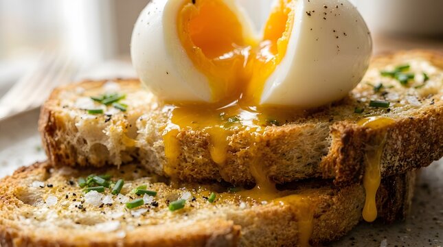 Soft boiled egg on toasted bread, delicious breakfast toast with runny yolk, perfect for better breakfast month