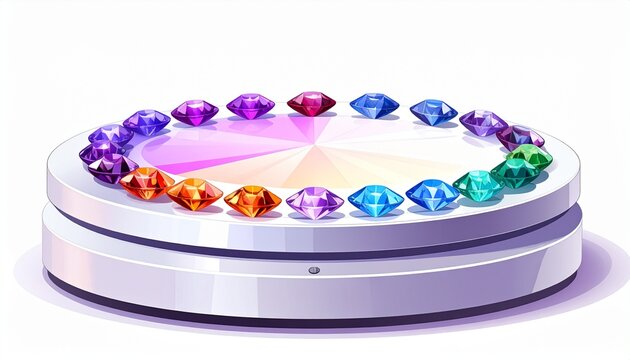 Colorful Gemstone Display on Rotating Light Platform.