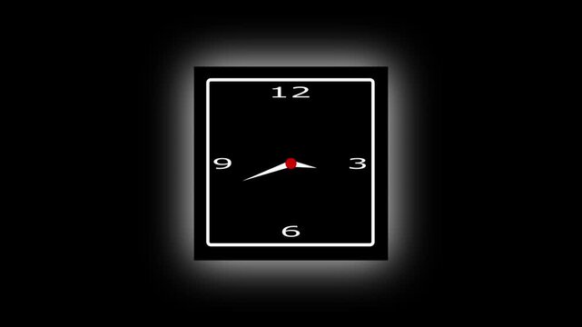 Simple black analog clock with white numbers and glowing frame on a dark background