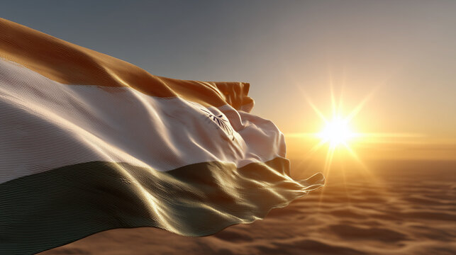  3D waving Indian flag with golden sunrise and blank space for Independence Day branding.

