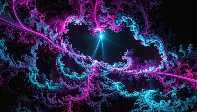 Vibrant abstract fractal nebula with glowing central star and swirling cosmic energy patterns