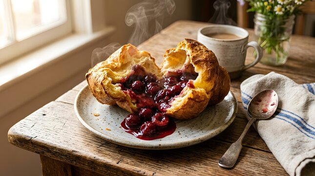 Fresh cherry popover on a plate, warm pastry with fruit filling for a cozy breakfast, perfect for cherry popover day