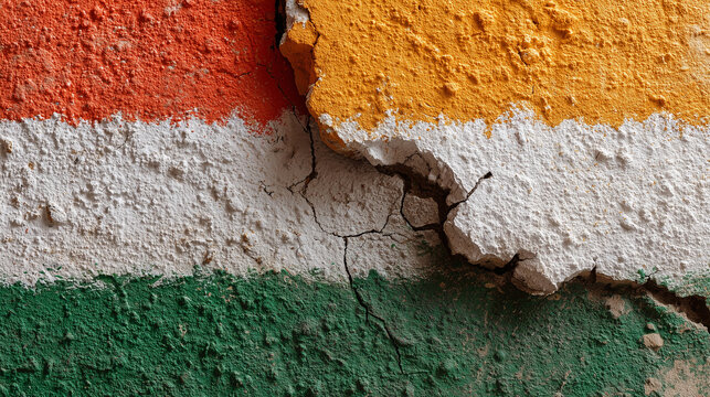Vintage-style hand-painted Indian flag on textured wall with central blank space.
