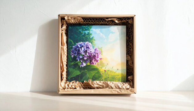 Vibrant painting of a purple hortensia flower in a cardboard box, showcasing nature's beauty