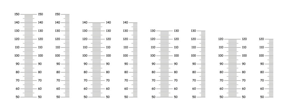Flat height charts from 50 to 120, 130, 140, 150 centimeters set. Simple layouts for wall growth sticker. Meter wall, growth black rulers samples.