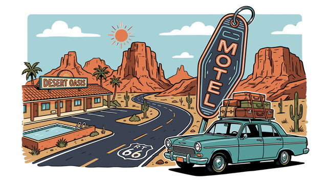 Vintage Americana road trip scene with classic car parked on Route 66 by a desert motel, retro vector illustration for travel branding and apparel.