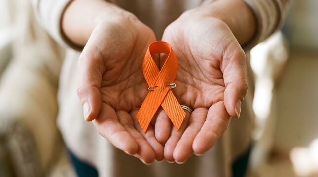 Hands holding orange ribbon for leukemia awareness, symbol of support for cancer patients, perfect for leukemia and lymphoma awareness month