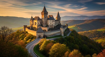 Fototapeta premium Stunning Medieval Castle on a Hilltop at Sunset.