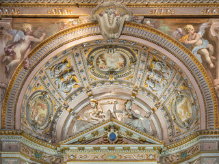Fototapeta premium CREMA, ITALY - MARCH 20, 2026: The stucco of side altar in the church Santuario di Santa Maria della Croce by Giovan Battista Castello from year (1585)