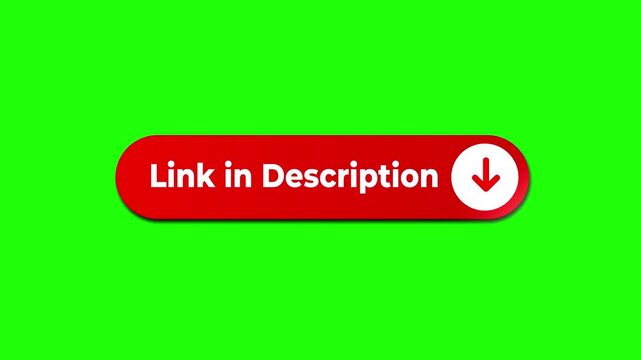 Link in description button with arrow animation for social media video content on green screen. Red button with text link in description and down arrow. 4k video