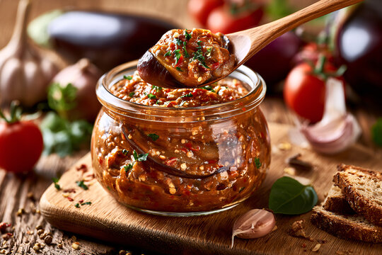 Homemade Russian eggplant caviar spread served in a glass jar with fresh vegetables, garlic and rustic bread on a wooden table