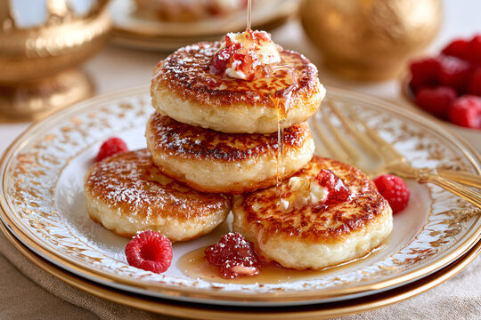 Classic homemade Russian cottage cheese pancakes served with sour cream and powdered sugar