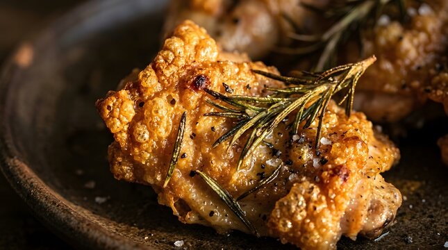 Crispy roasted chicken skin with rosemary, savory poultry dish served on a rustic plate, perfect for national chicken month