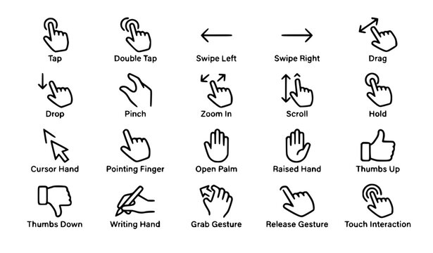 Minimal black and white hand icons pack with touch gestures user interface and navigation symbols vector isolated on white background