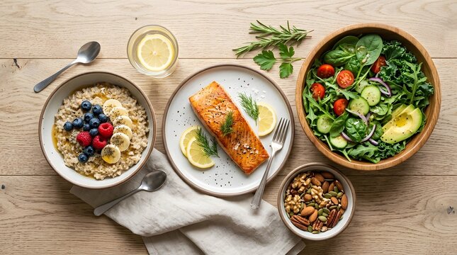 Healthy food for heart health, nutritious meals with salmon and salad for cholesterol diet, perfect for national cholesterol month