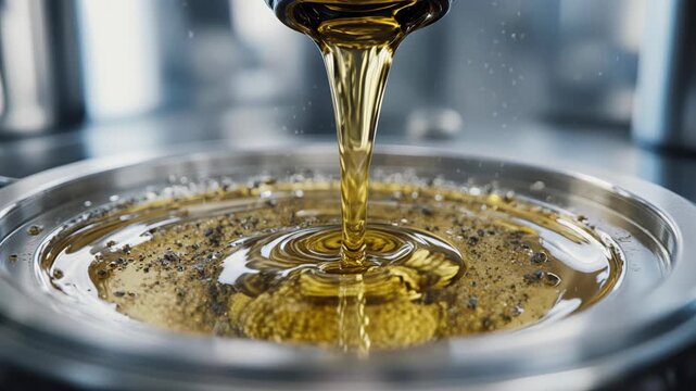 Golden motor oil pouring into metallic container, yellow liquid lubricant flowing down silver funnel, clean automobile machinery fluid maintenance, engine protection product.