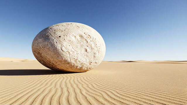Large smooth boulder lying on sand dunes in vast desert landscape