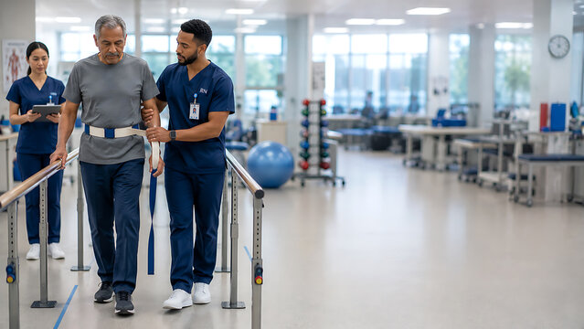 Physical Therapist Assisting Senior Man with Walking Reeducation in Rehabilitation Centre, Patient Doing Gait Training with Physical Therapy Assistant Using Parallel Bars and Gait Belt