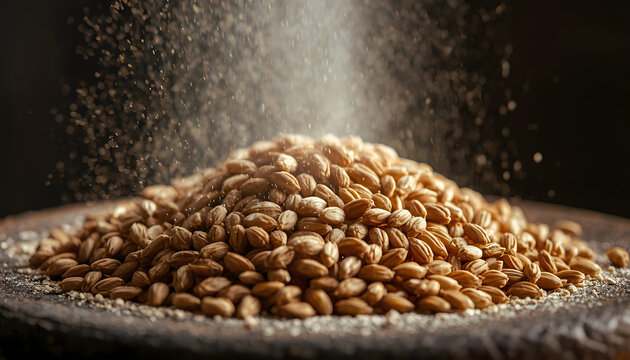 Macro shot of whole organic rye grains being crushed on a rustic stone mill surface