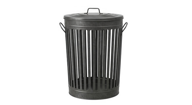 Black metal wire trash can for office or home waste isolated on transparent background