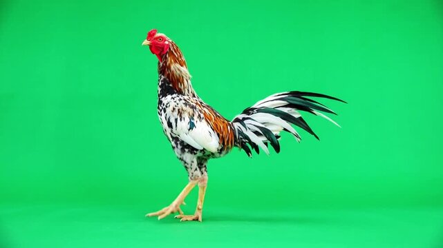 White thai fighting chicken Isolated on green screen.	
