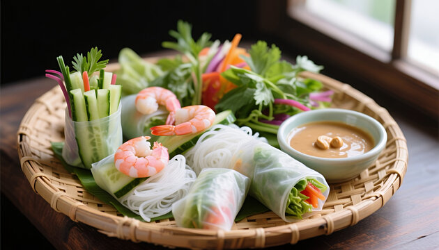 Fresh shrimp spring rolls served with peanut sauce on wooden plate  