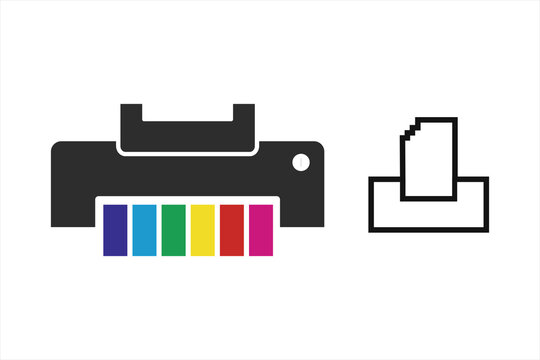 Printer Icon Vector for web, outline silhouette printer icon set isolated on white background, Sleek modern grey printer with active paper printing, visible ink cartridges in blue, red, and black, in 