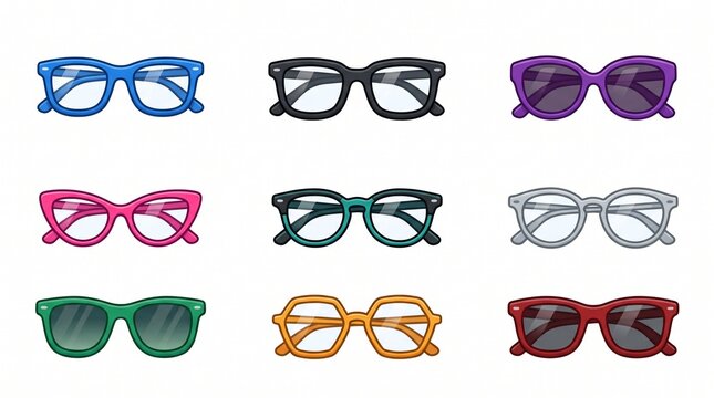 Create a premium flat vector icon set featuring 10 colorful eyeglasses and sunglasses in a modern minimalist style. Each pair should have a unique frame shape while maintaining a cohesive design langu