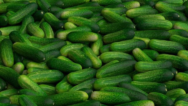 Flying over endless cucumbers pile - 3d render looped.