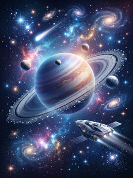 Cosmic Space Scene Featuring Ringed Planet, Nebula Clouds, and a Speeding Spaceship in a Distant Galaxy.