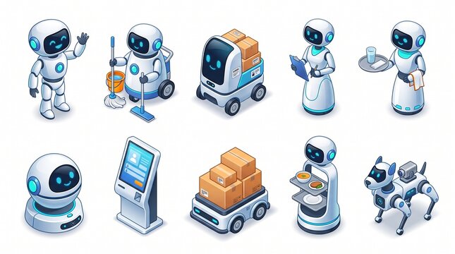 Create a premium 3D cartoon-style robot icon collection featuring 10 unique AI and service robots designed in a friendly, futuristic, and highly polished isometric vector style. Each robot should have