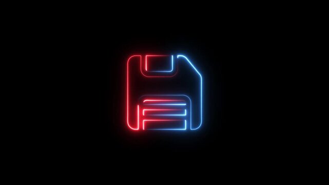 Neon floppy disk icon glowing. Retro data storage symbol with vibrant light lines.