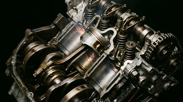 Cross-section view of a modern internal combustion engine highlighting pistons, crankshaft, and camshaft mechanics