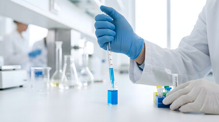 Fototapeta premium A scientist in a laboratory uses a pipette to extract blue liquid into a test tube for medical research