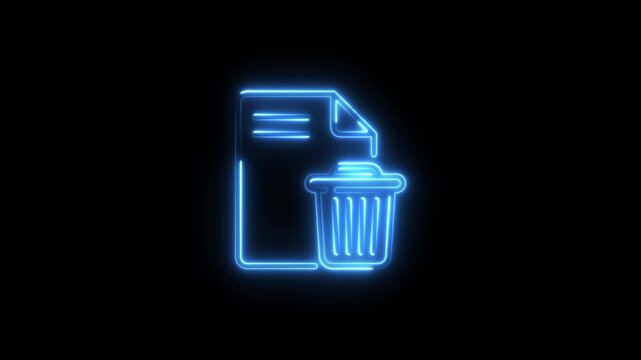 Delete file icon with glowing neon light. Digital document removal symbol on black background.
