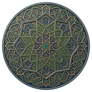 Intricate Islamic Geometric Mandala Ornament with Gold Arabesque Patterns and Green Floral Details