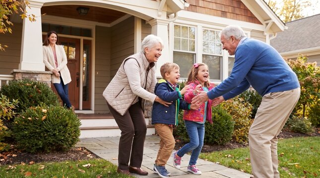 Happy children running into grandparents arms for a surprise emotional reunion at suburban home front yard
