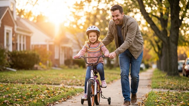 Loving father helping his little daughter ride a bicycle with training wheels on a sunny autumn street