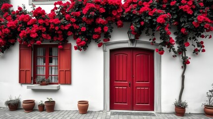 Fototapeta premium Mediterranean whitewashed house facade with bright red wooden doors and blooming red flowers