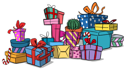 Handgezeichnete Cartoon Illustration. Viele, bunte Geschenke mit Schleifen. Weihnachten, Geburtstag Konzept
