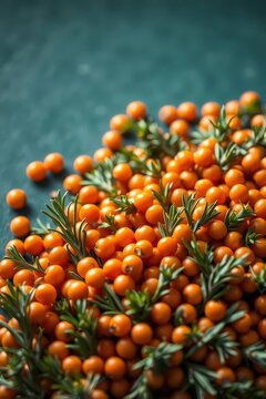 Fresh orange sea buckthorn berries with green rosemary leaves on a dark background