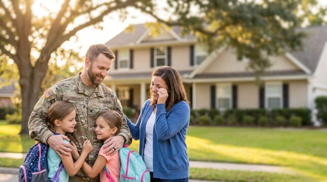 Happy military soldier hugging his daughters with school backpacks during an emotional homecoming reunion with crying wife