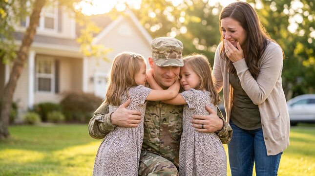 Emotional military father hugging his daughters during a heartwarming homecoming reunion with crying wife