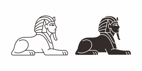 Great Sphinx of Giza Vector Illustration Set, Ancient Egyptian Statue Line Art and Silhouette Icon Isolated on White Background